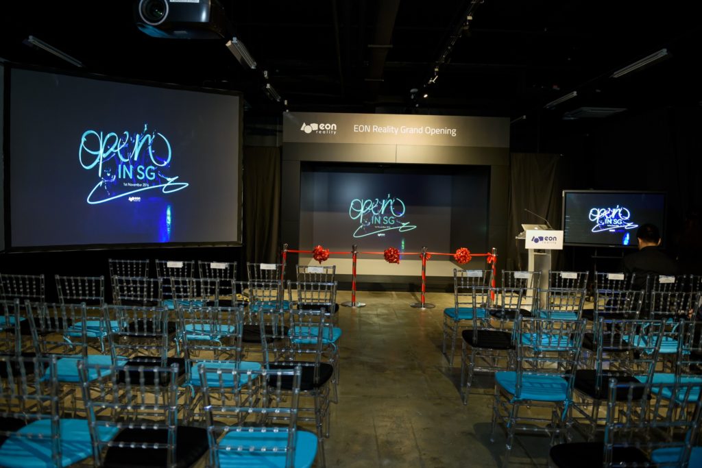 icube events_eon reality opening 2016 venue setup virtual backdrop with theatre style seating with rented tiffany chairs furniture